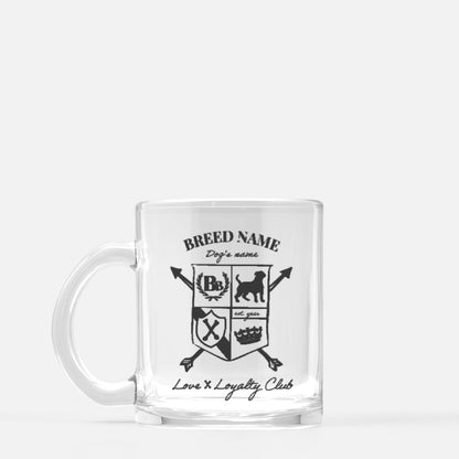Clear mug with black text and design on a white background