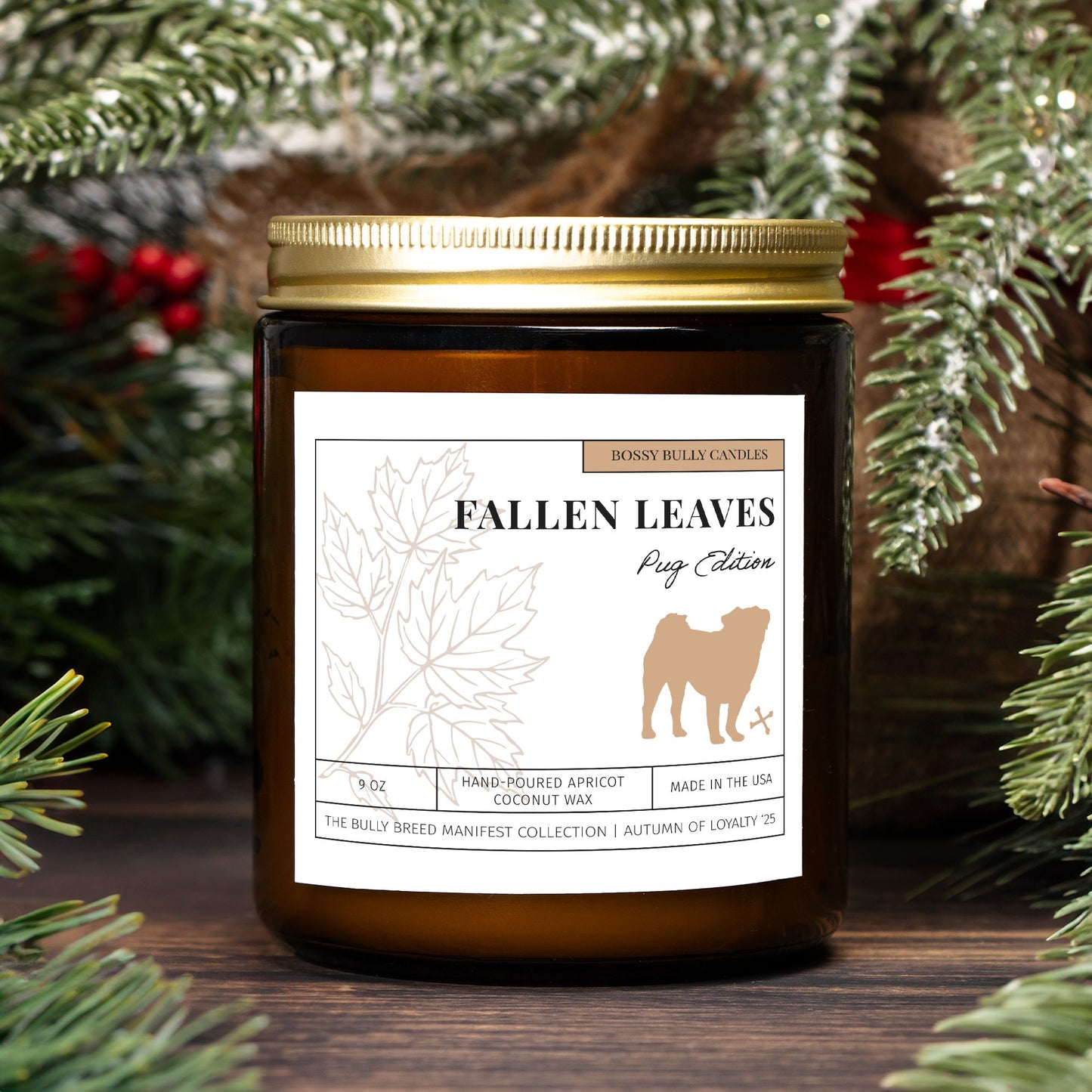 Fallen Leaves Candle | Pug Edition | Amber Jar 9oz